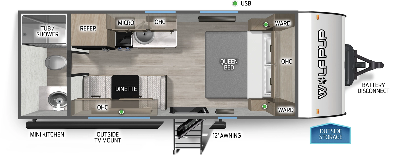 The Cherokee Black Label 16FQBLW floorplan has one entry and zero slide outs. Exterior features include: fiberglass exterior, 12' awning and outside kitchen. Interiors features include: front bedroom and rear bathroom.